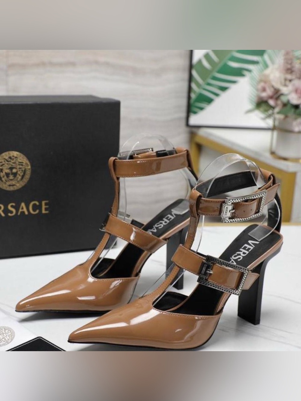 Versace Vero Cuoio Brown Patent T-Strap Heeled Pumps with Buckle